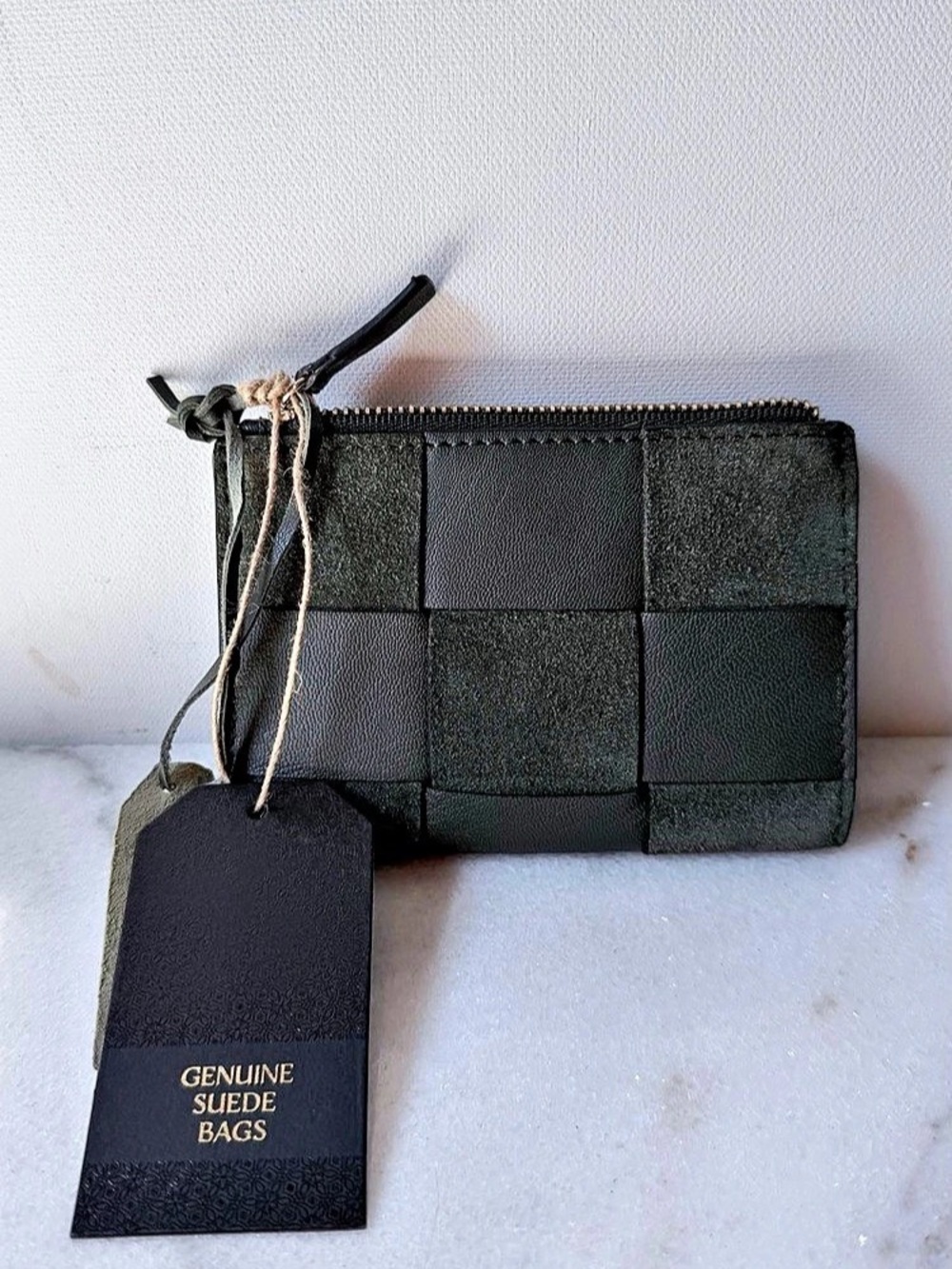Woven Leather & Suede Zipper Wallet Pouch – Black / Dark Green